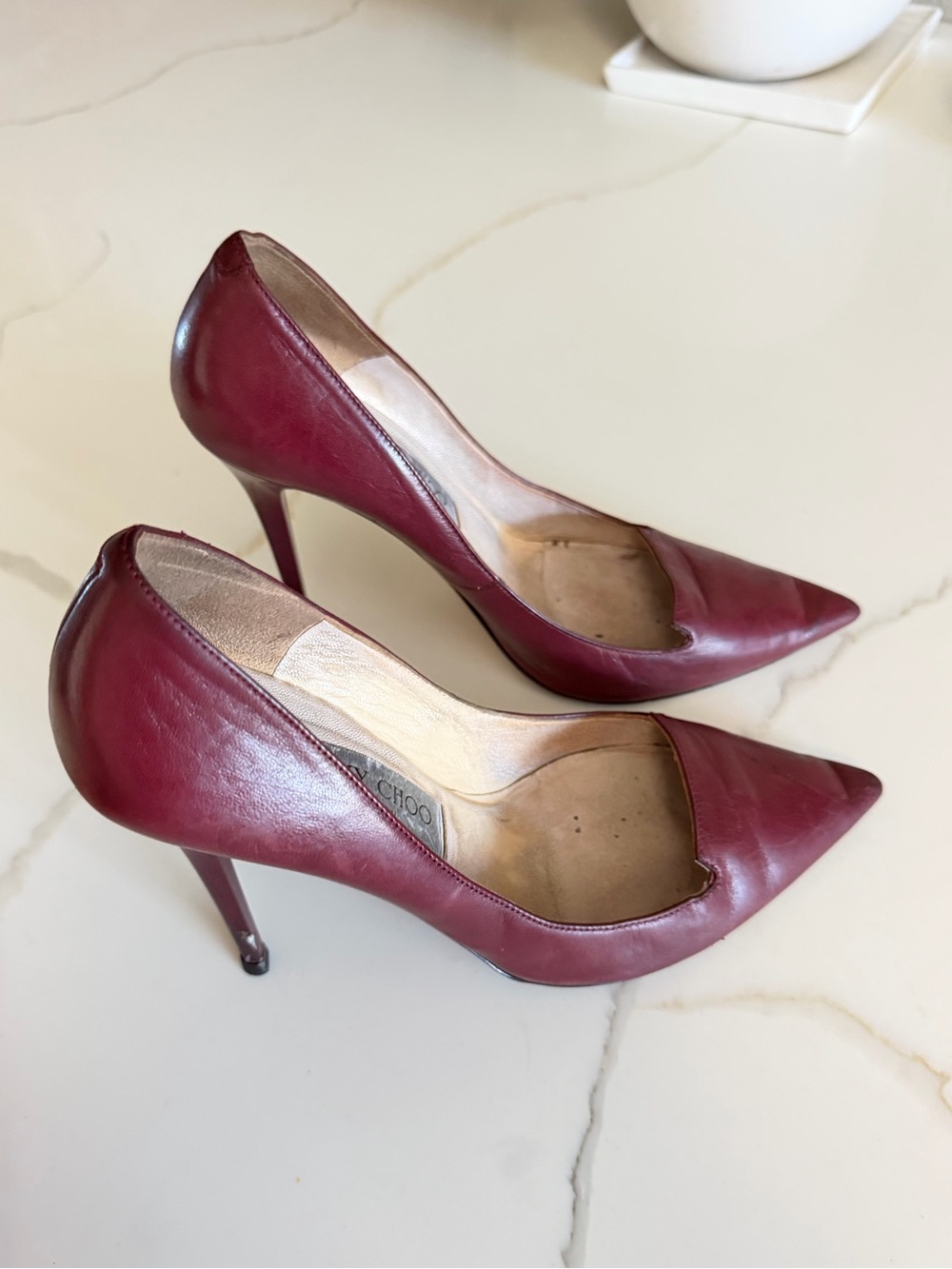 Jimmy Choo Designer Burgundy Leather Pointed-Toe Stiletto Pumps